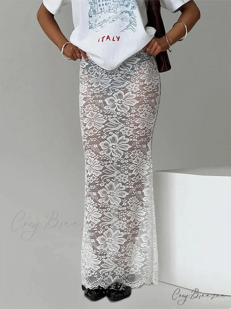 Summer Alluring Sheer Lace Floral Long Skirt Y2K Party WHITE / S skirt-250126