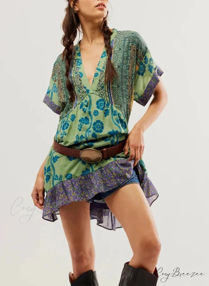 Summer Bohemian Babydoll Floral Print V-Neck Dress Green / S oldfloraldress-250126