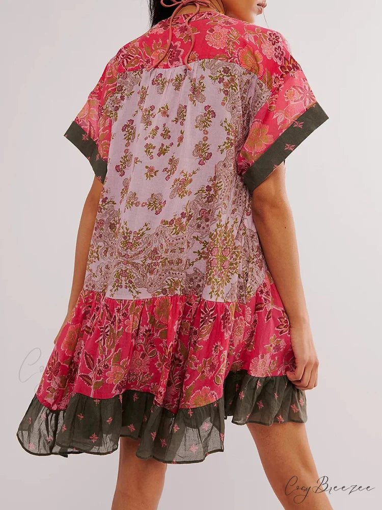 Summer Bohemian Babydoll Floral Print V-Neck Dress oldfloraldress-250126