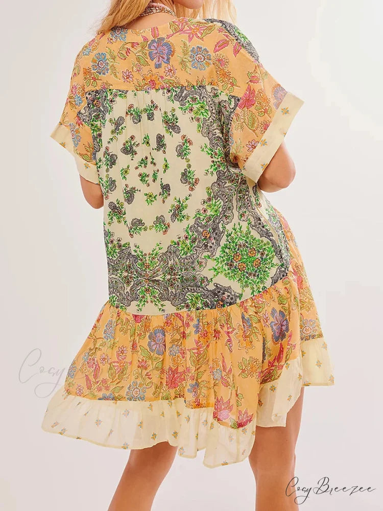Summer Bohemian Babydoll Floral Print V-Neck Dress oldfloraldress-250126