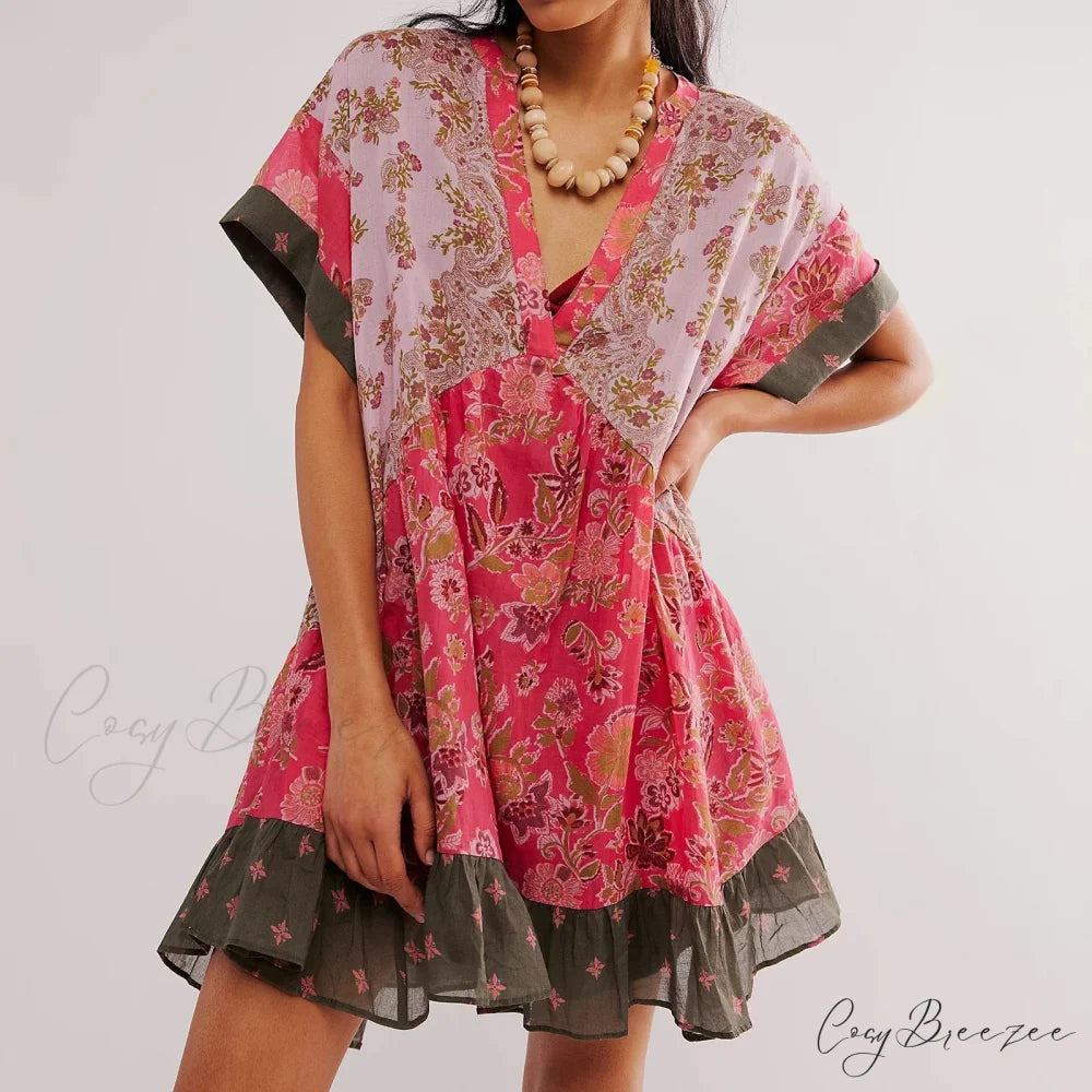 Summer Bohemian Babydoll Floral Print V-Neck Dress Red / S oldfloraldress-250126