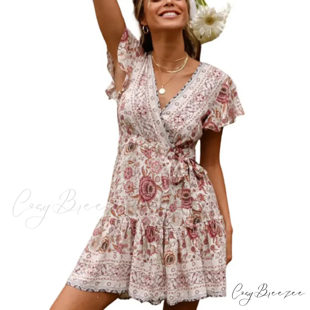 Summer Boho Floral Print Mini Wrap Beach Boho Dress