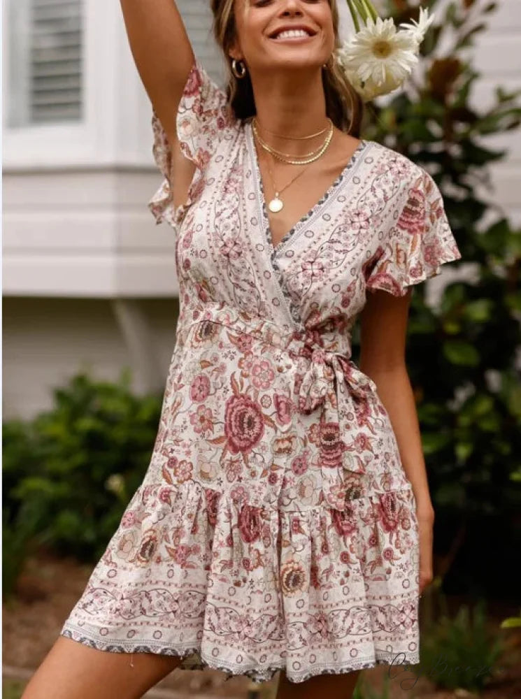 Summer Boho Floral Print Mini Wrap Beach Boho Dress WHITE / S