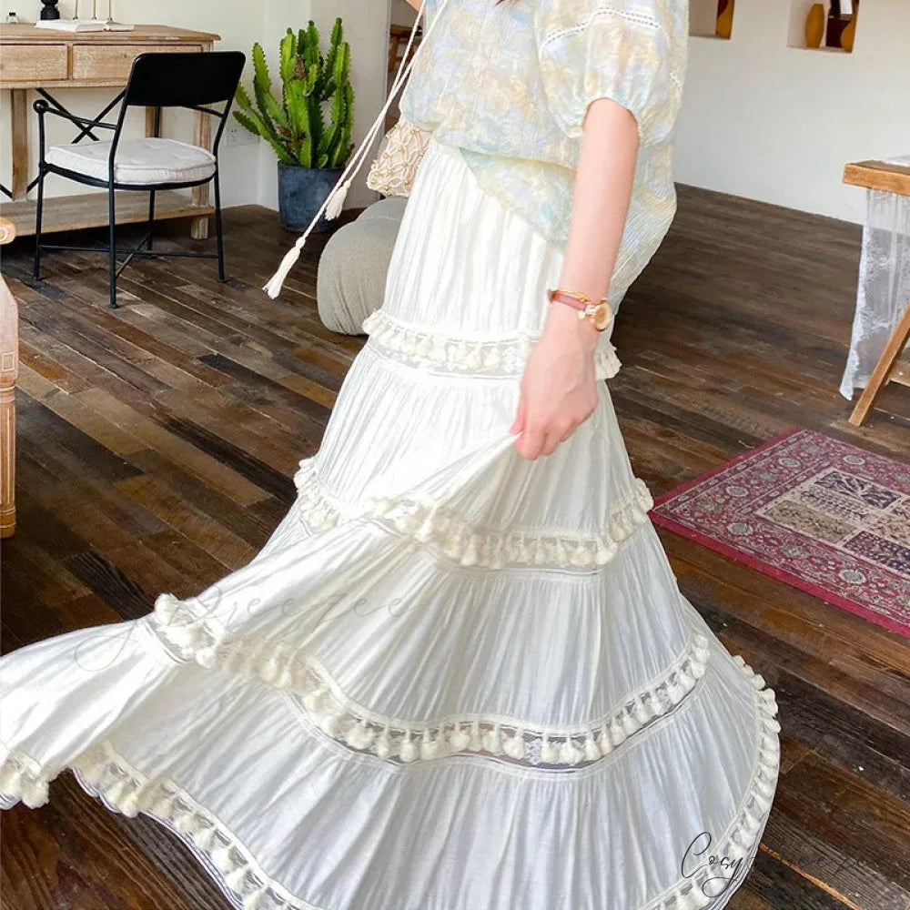 Summer Boho Skirts High Waist Hollow A-line Maxi Skirts Holiday skirt-250126