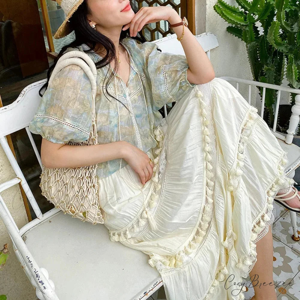 Summer Boho Skirts High Waist Hollow A-line Maxi Skirts Holiday skirt-250126