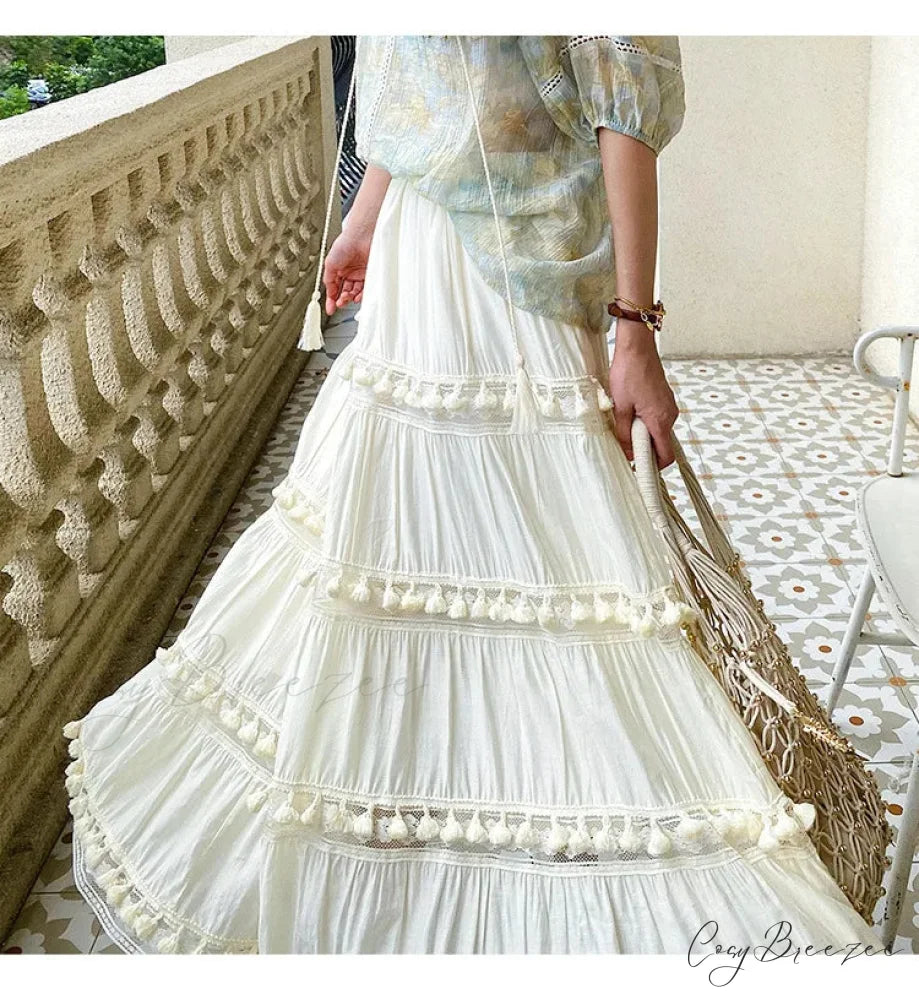 Summer Boho Skirts High Waist Hollow A-line Maxi Skirts Holiday skirt-250126