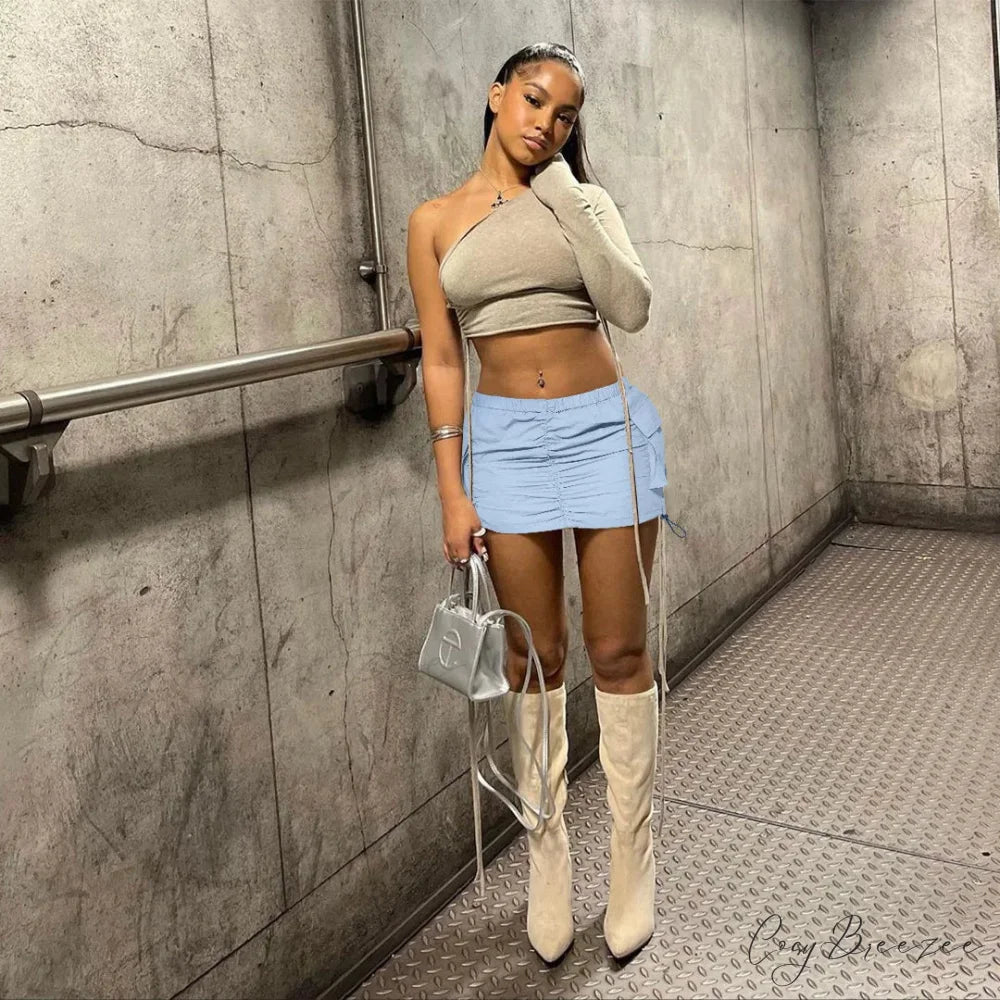 Summer Color Cargo Bodycon Pleated Mini Skirt
