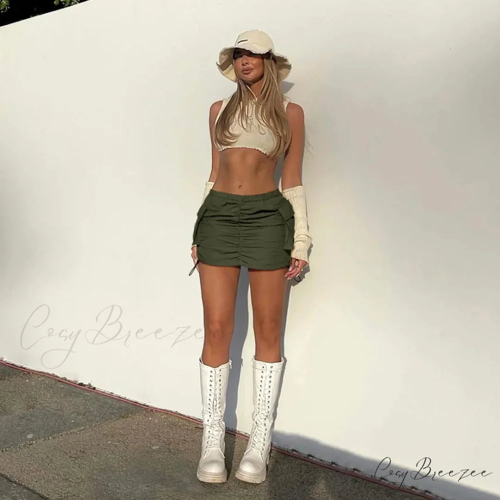 Summer Color Cargo Bodycon Pleated Mini Skirt army green / S