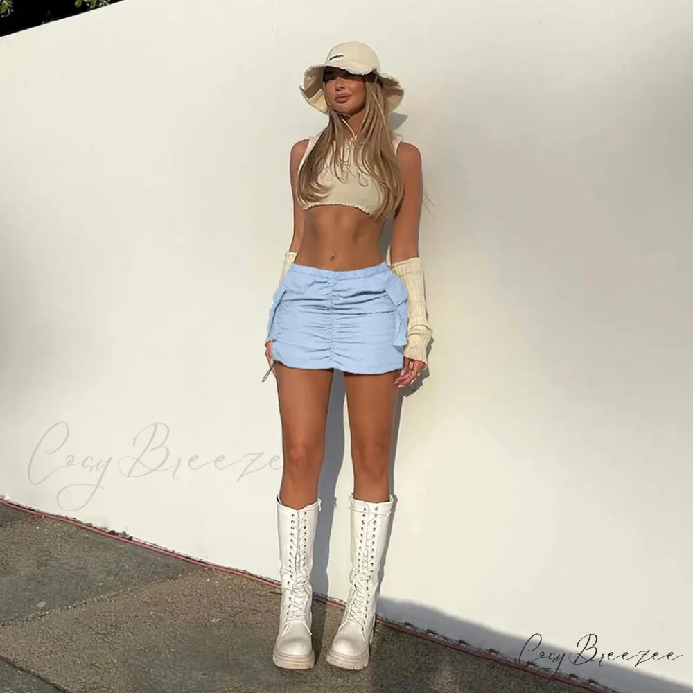 Summer Color Cargo Bodycon Pleated Mini Skirt Blue / S
