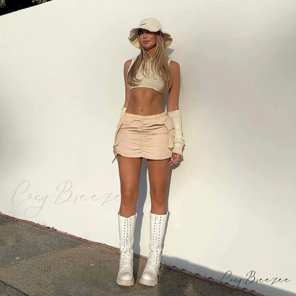 Summer Color Cargo Bodycon Pleated Mini Skirt Khaki / S