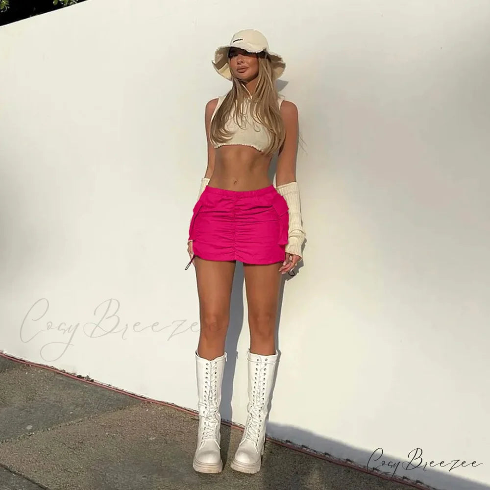 Summer Color Cargo Bodycon Pleated Mini Skirt Rose Red / S