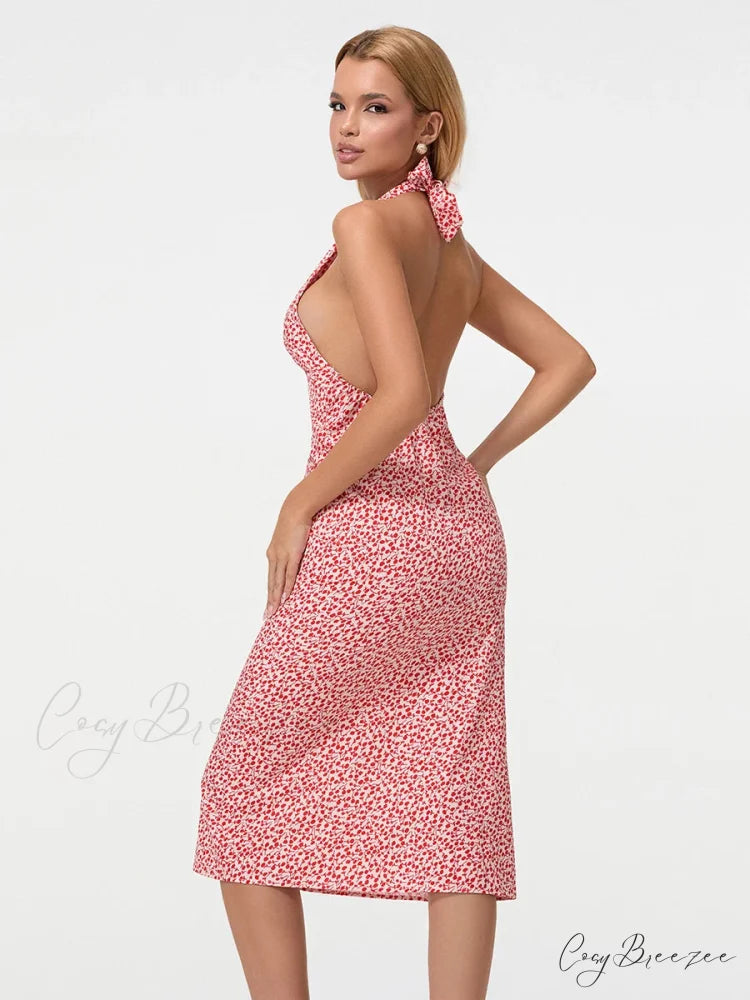 Summer Floral Backless Tie-Up Halter Neck Midi Party Dress floraldress-250126
