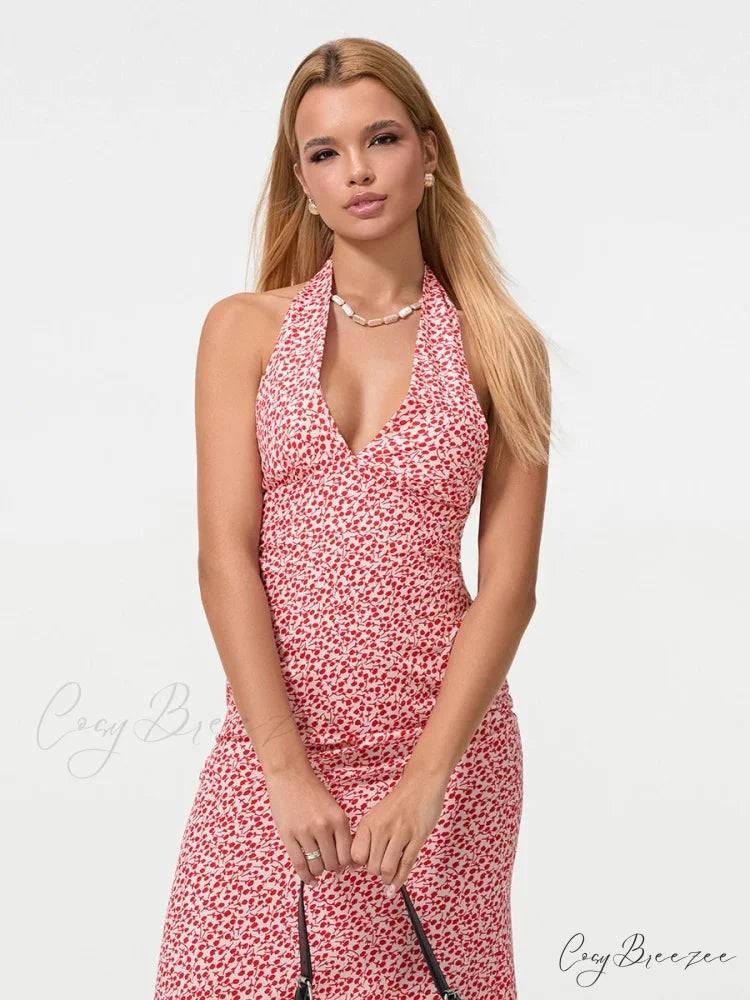 Summer Floral Backless Tie-Up Halter Neck Midi Party Dress floraldress-250126