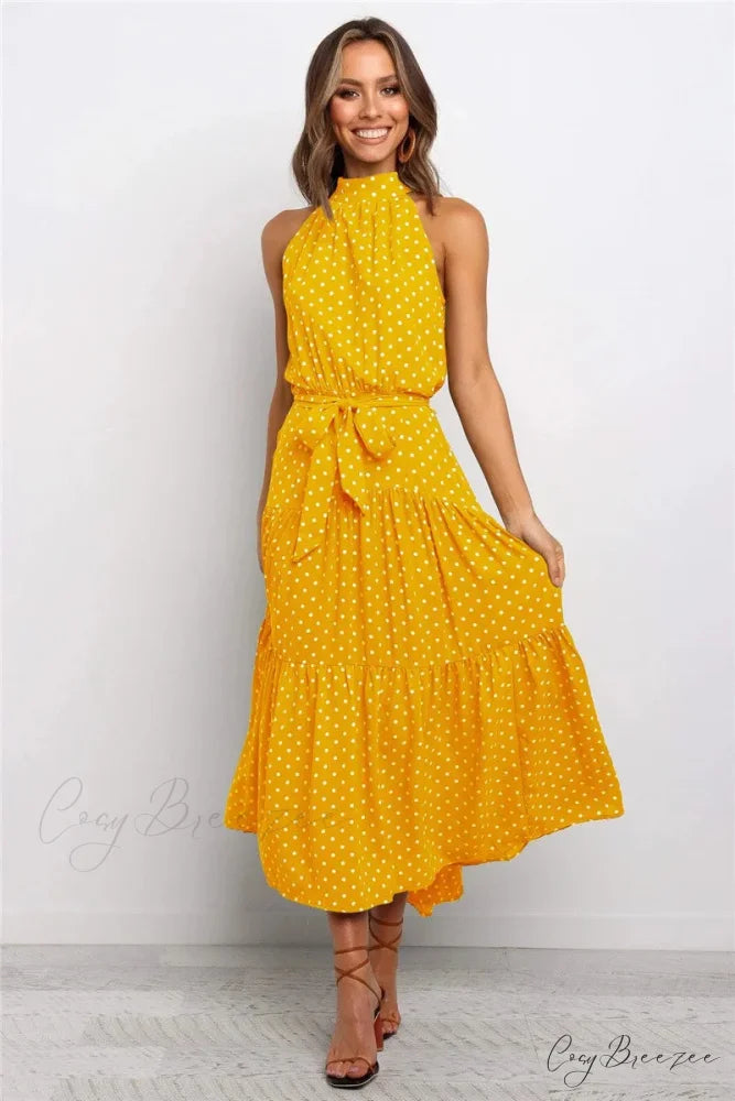 Summer Floral Print Halter Neck Beach Dress cloro1 / S oldfloraldress-250126