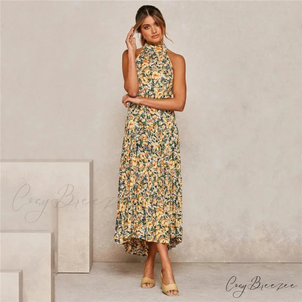 Summer Floral Print Halter Neck Beach Dress cloro7 / S oldfloraldress-250126