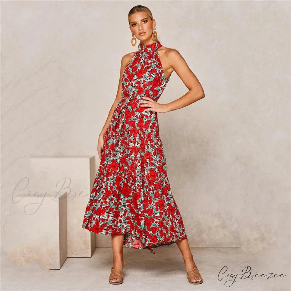 Summer Floral Print Halter Neck Beach Dress cloro8 / S oldfloraldress-250126