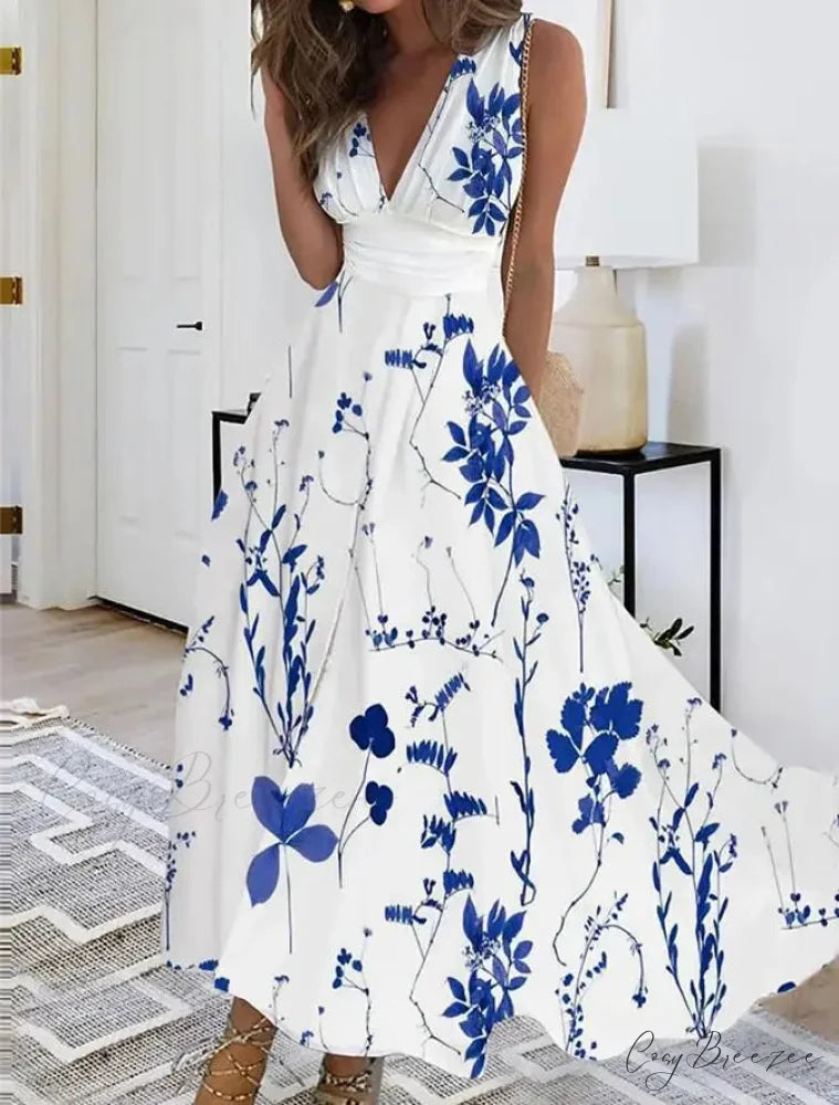 Summer Flower Print Sexy V-neck A-line Dress Blue / S oldfloraldress-250126