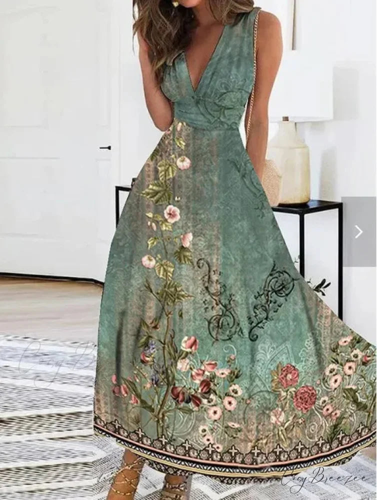 Summer Flower Print Sexy V-neck A-line Dress Peacock blue / S oldfloraldress-250126