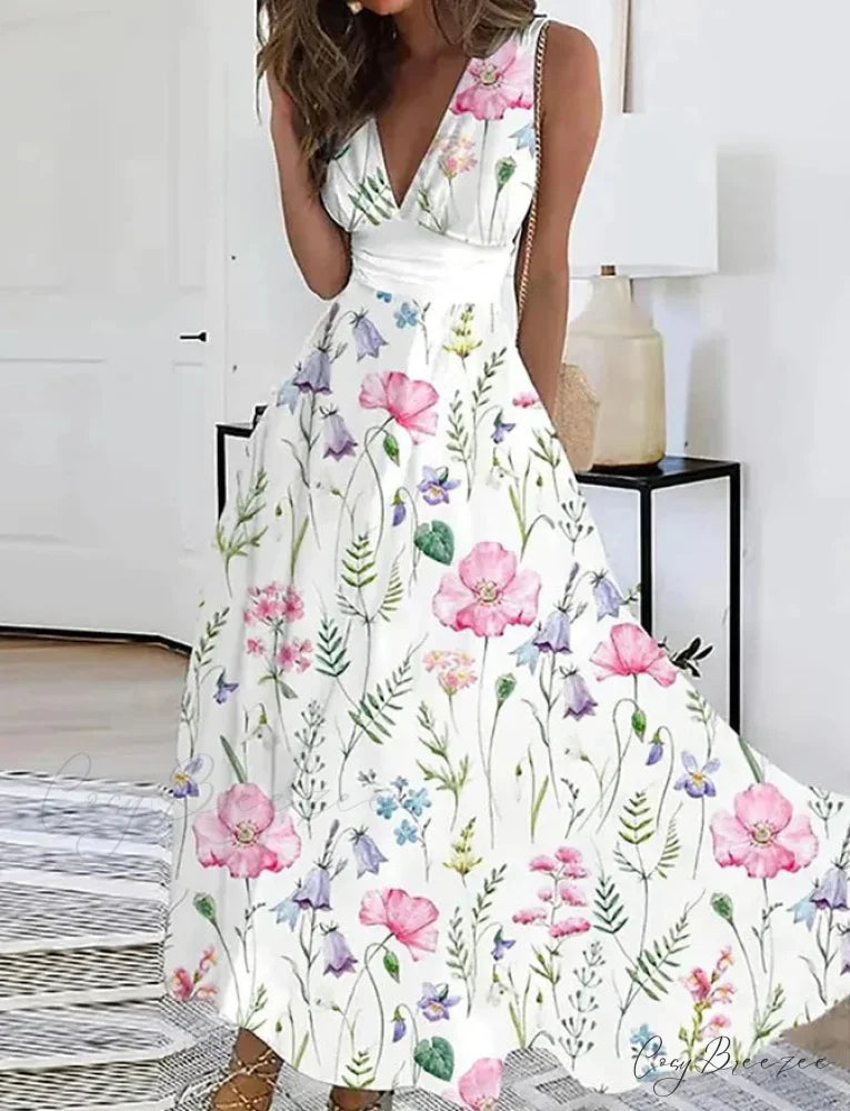 Summer Flower Print Sexy V-neck A-line Dress Pink / S oldfloraldress-250126