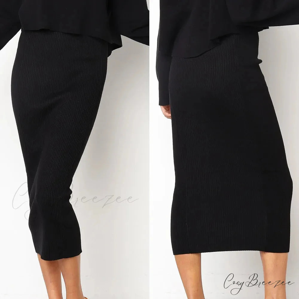 Summer Long Knitted Slim Elegant New Spring Stylish Bodycon Black Midi Skirt Black / S