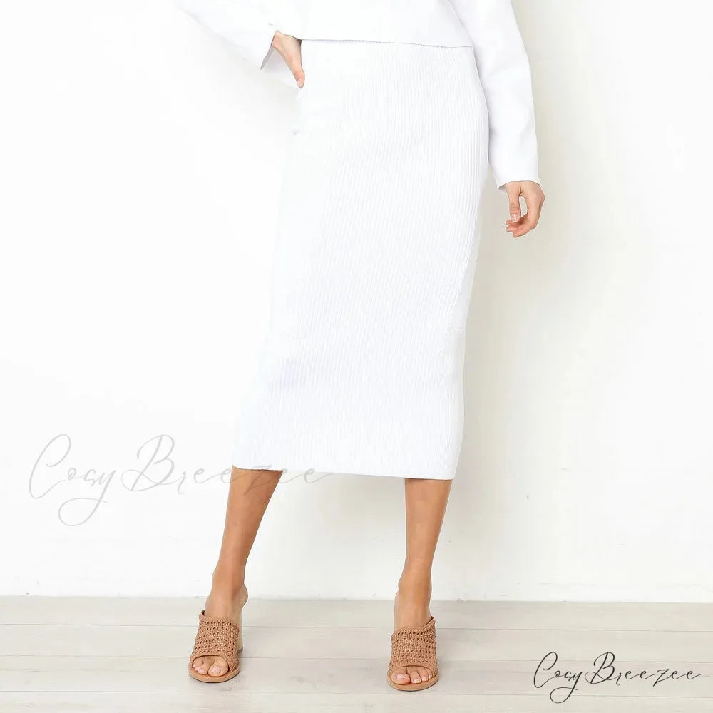 Summer Long Knitted Slim Elegant New Spring Stylish Bodycon Black Midi Skirt White / S