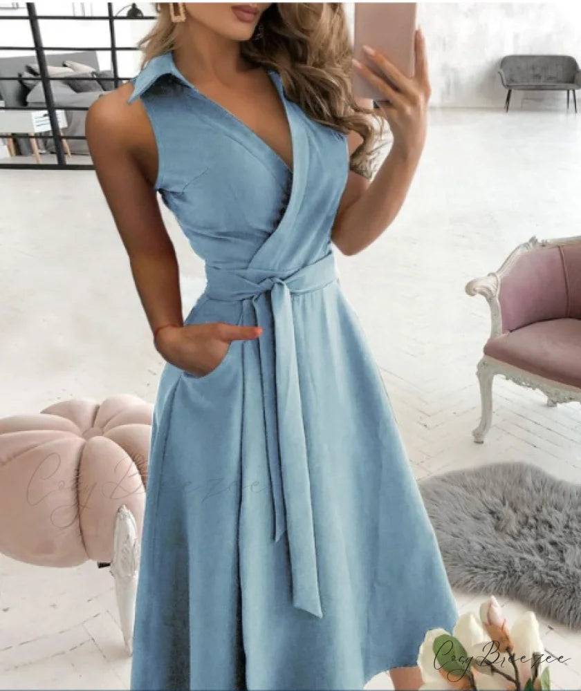 Summer Office Ladies V-Neck Dress Casual Long Sleeve Female Dress S / BLUE