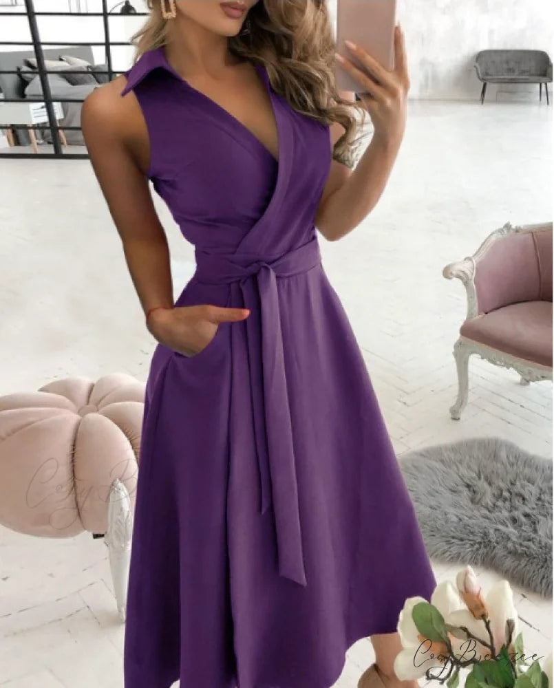 Summer Office Ladies V-Neck Dress Casual Long Sleeve Female Dress S / PURPLE