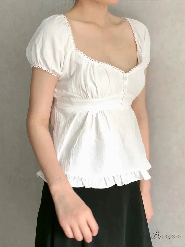 Summer Puff Short Sleeve Square Neck Crop Top blouse-250126