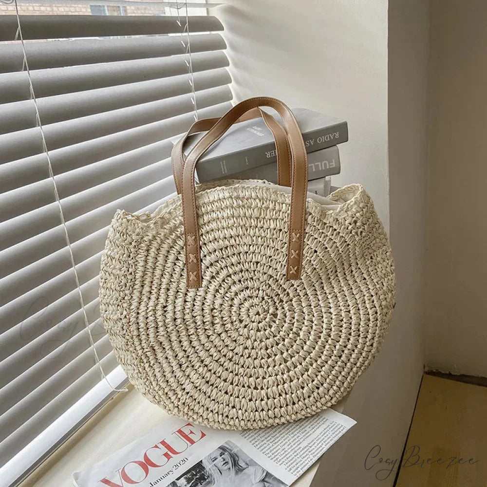 Summer Round Straw Shoulder Bag for Women Beige / 43x2x38cm shoulder-250126