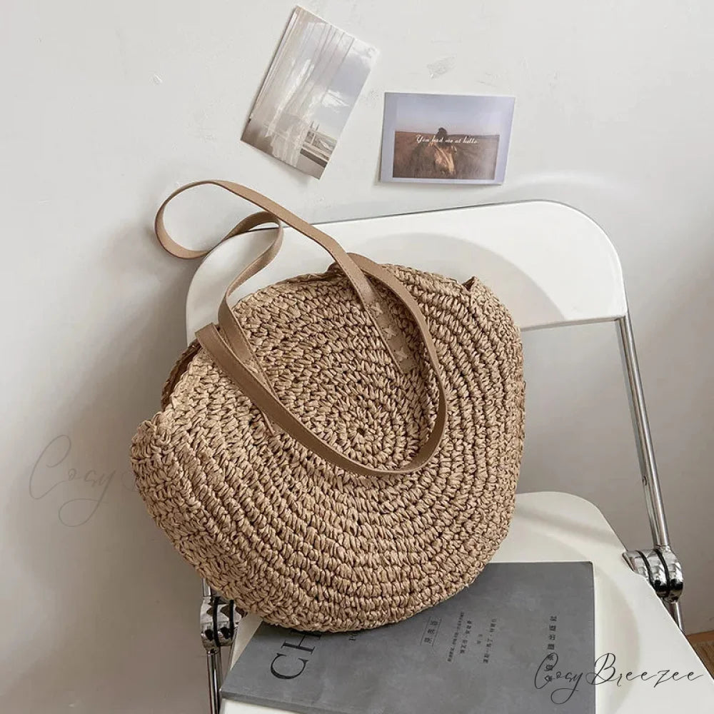 Summer Round Straw Shoulder Bag for Women Khaki / 43x2x38cm shoulder-250126