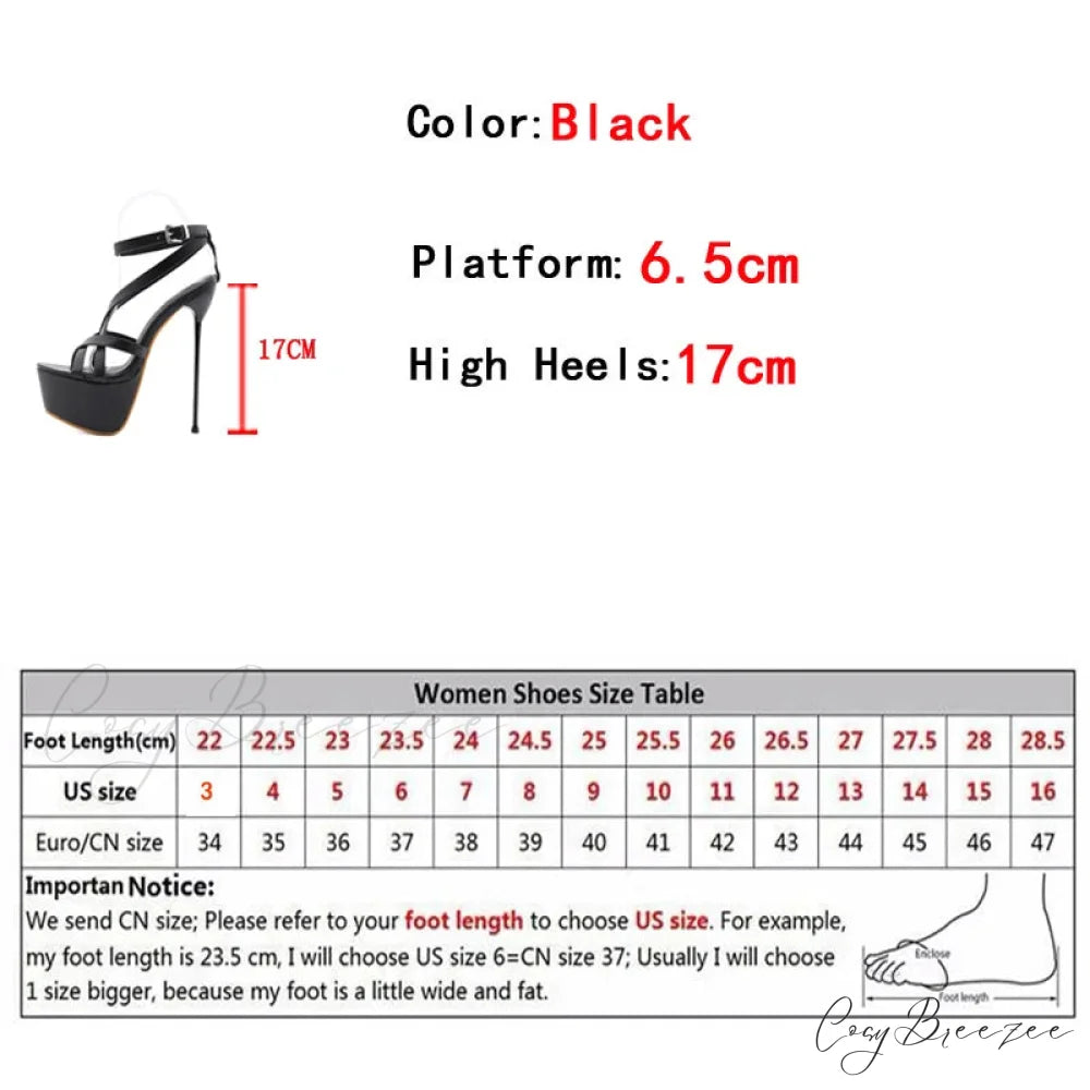 Summer Sexy 17CM Women Platform Sandals Open Toe Buckle Strap High Heels Pole Dance Shoe Black