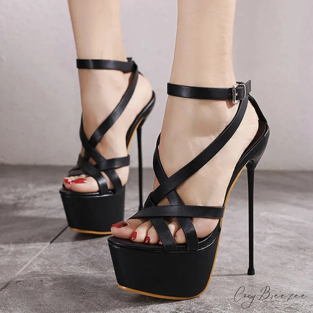 Summer Sexy 17CM Women Platform Sandals Open Toe Buckle Strap High Heels Pole Dance Shoe Black