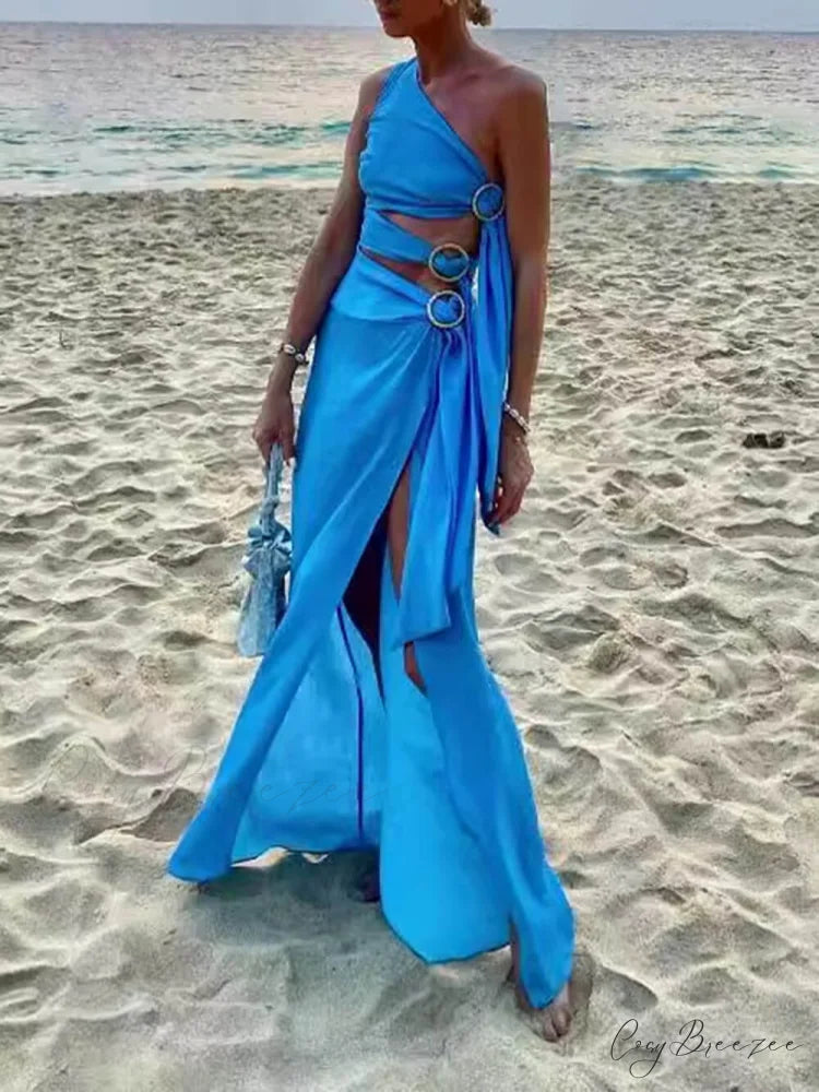 Summer Sexy Bandage Charming Irregular Sleeveless Dress Blue / S