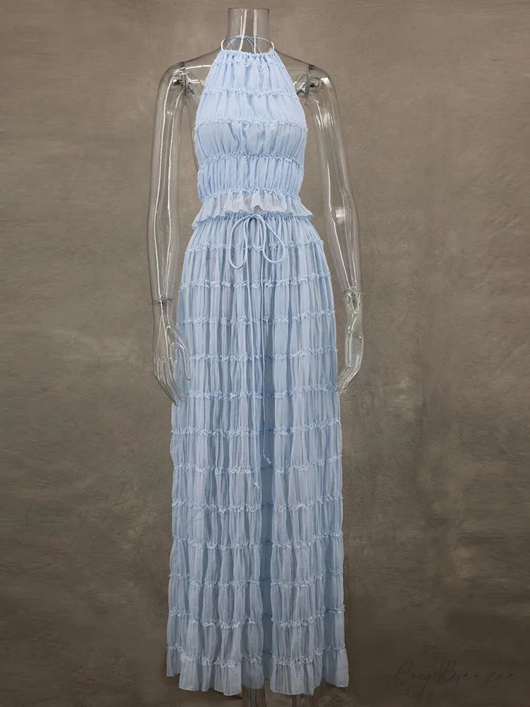 Summer Sexy Sleeveless Backless Top High Waist Skirt Beach Christmas Party Dress Blue / XS