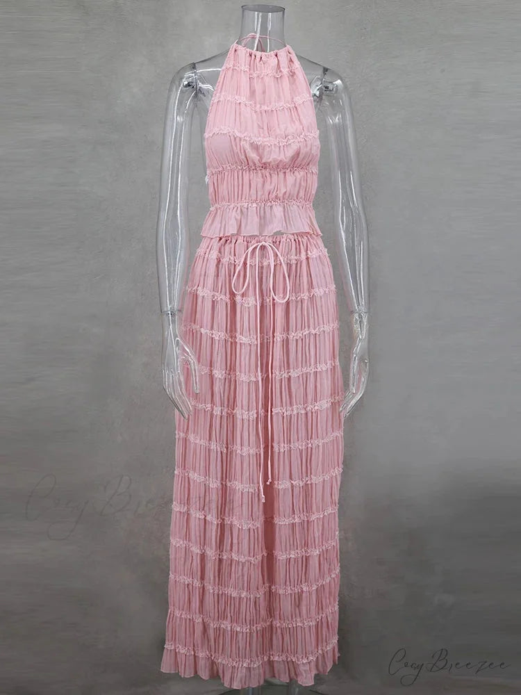 Summer Sexy Sleeveless Backless Top High Waist Skirt Beach Christmas Party Dress Pink / XS