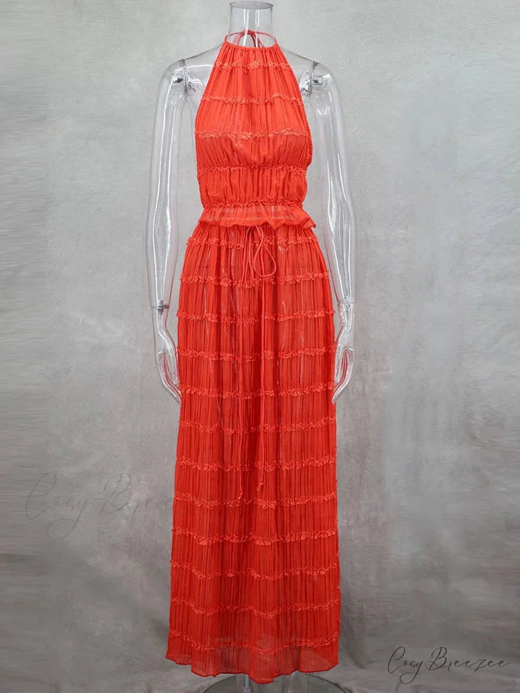 Summer Sexy Sleeveless Backless Top High Waist Skirt Beach Christmas Party Dress Red / XS