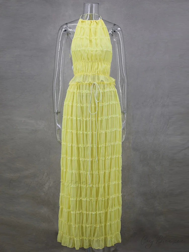 Summer Sexy Sleeveless Backless Top High Waist Skirt Beach Christmas Party Dress Yellow / XS