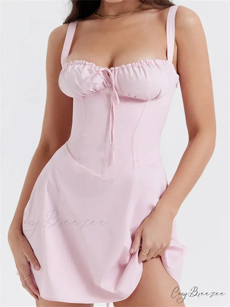 Summer Sexy Square Neck Ruched A Line Mini Dress Pink / S