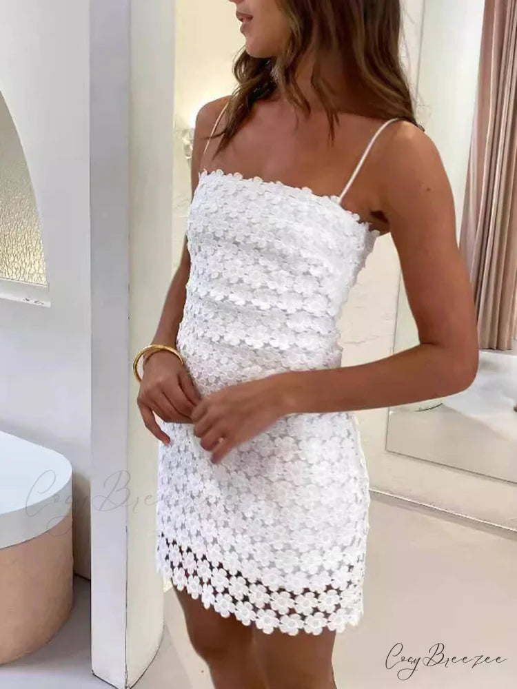 Summer Sexy Suspender Charming Lace Hollow Mini Dress White / M