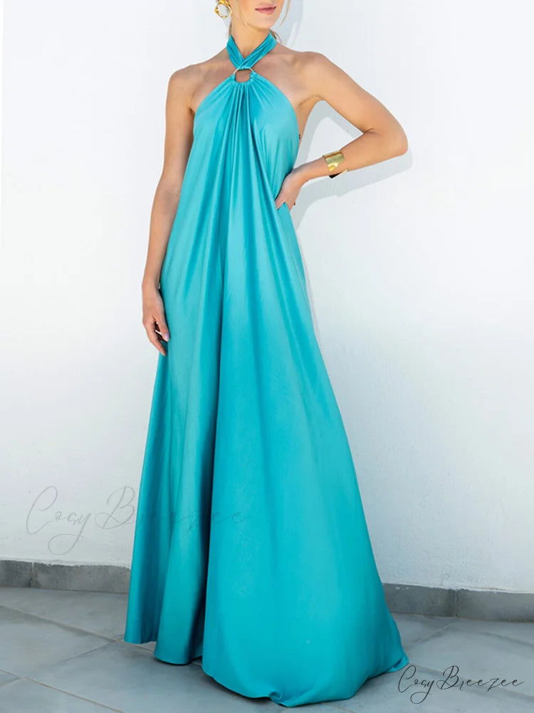 Summer Temperament Satin Charming Halter Swing Gown Dresses Blue / S
