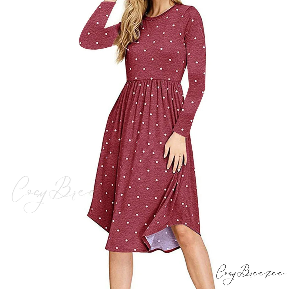 Summer Women’s Polka Dot Midi Dress with Pleated Pocket S / BLUE