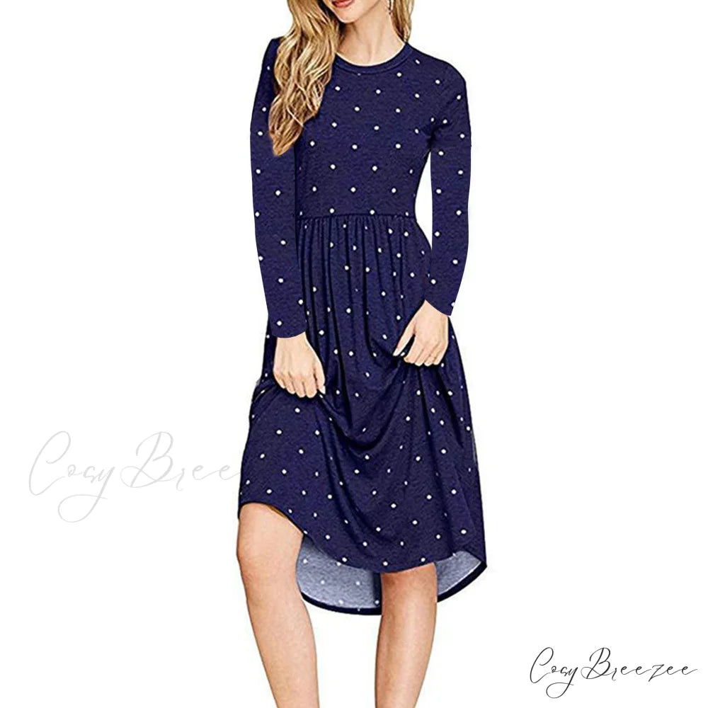 Summer Women’s Polka Dot Midi Dress with Pleated Pocket S / KHAKI