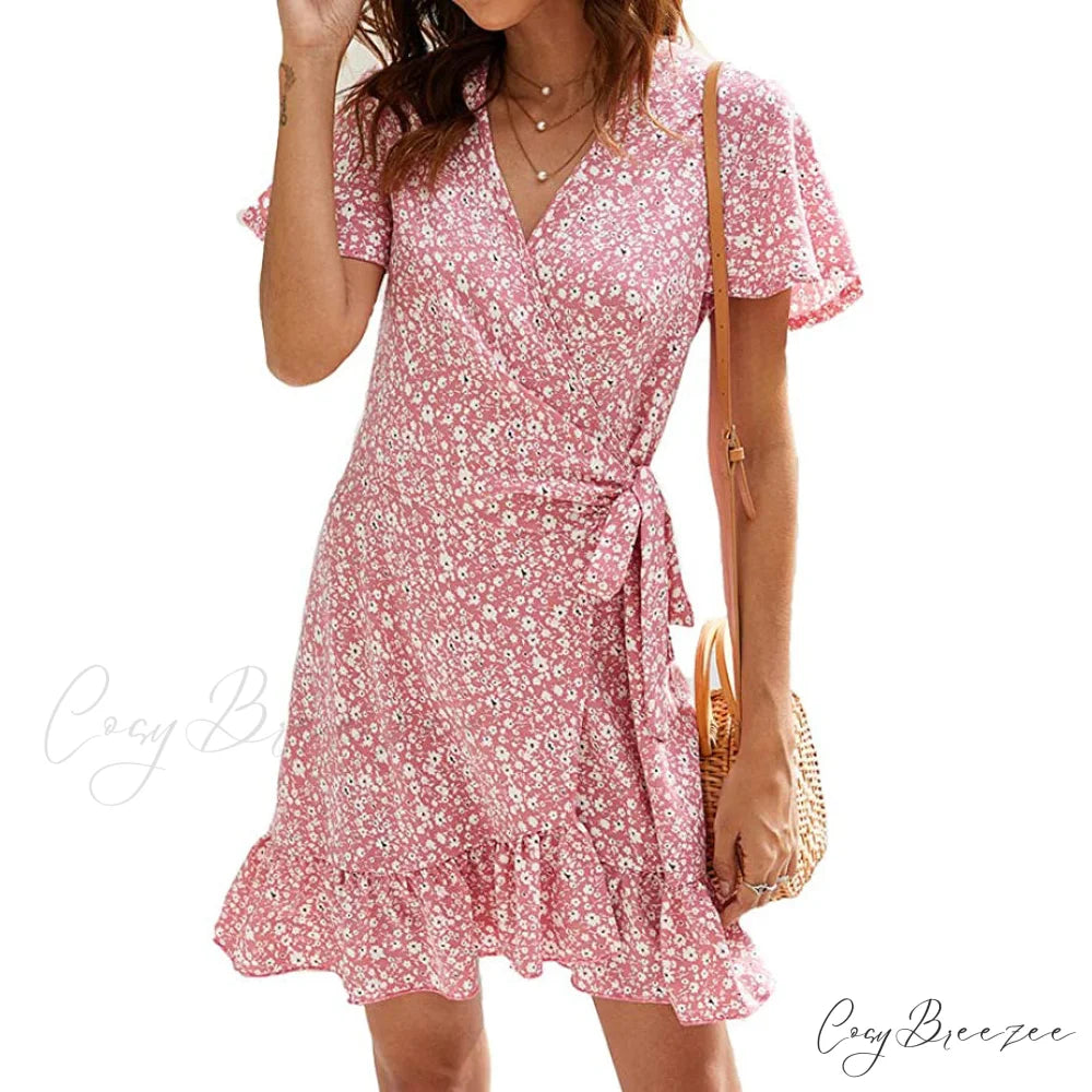 Summer Wrap V Neck Polka Dot Dress for Women Pink / S