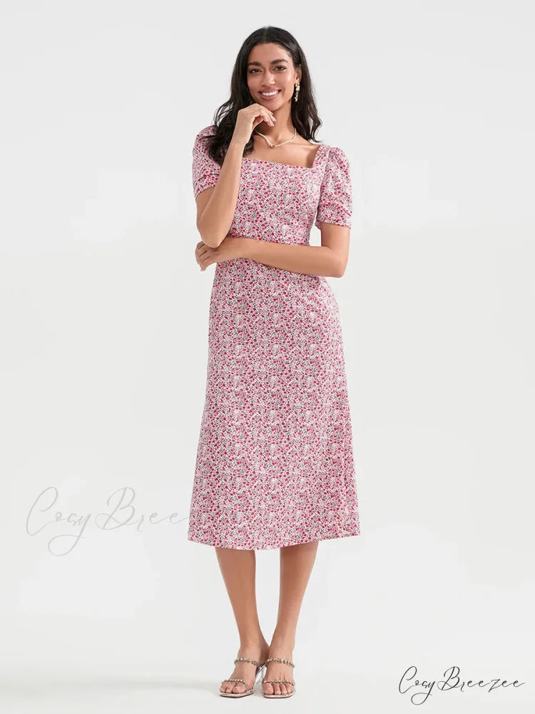 Summery Floral Midi Puffy Sleeve A-line Dress floraldress-250126