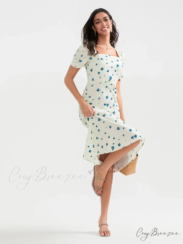 Summery Floral Midi Puffy Sleeve A-line Dress floraldress-250126