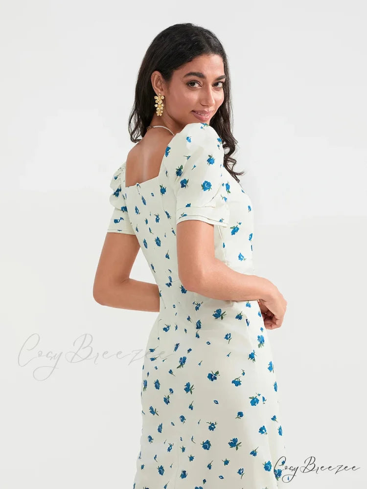 Summery Floral Midi Puffy Sleeve A-line Dress floraldress-250126