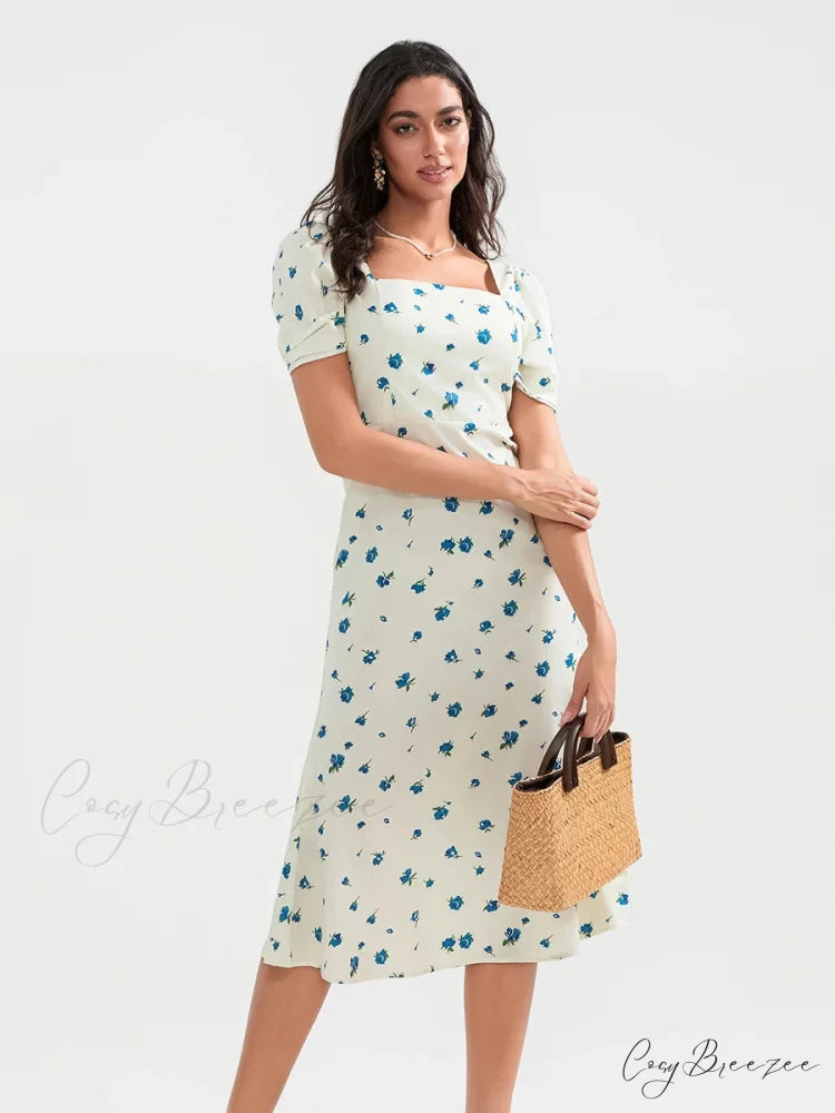 Summery Floral Midi Puffy Sleeve A-line Dress GREEN / S floraldress-250126