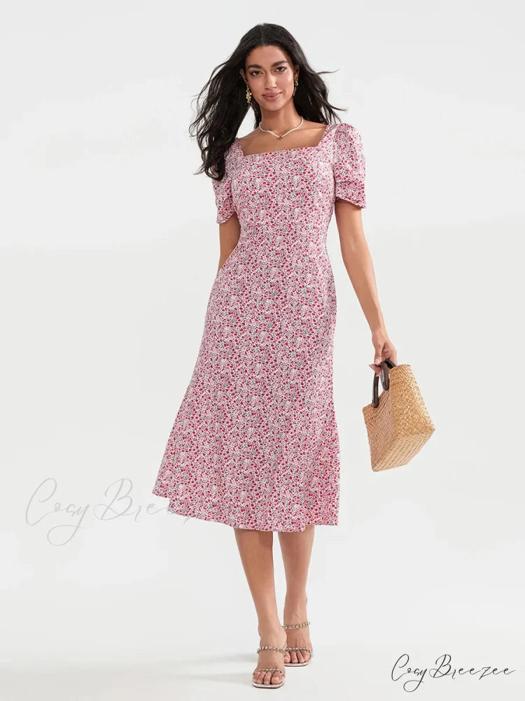 Summery Floral Midi Puffy Sleeve A-line Dress PINK / S floraldress-250126