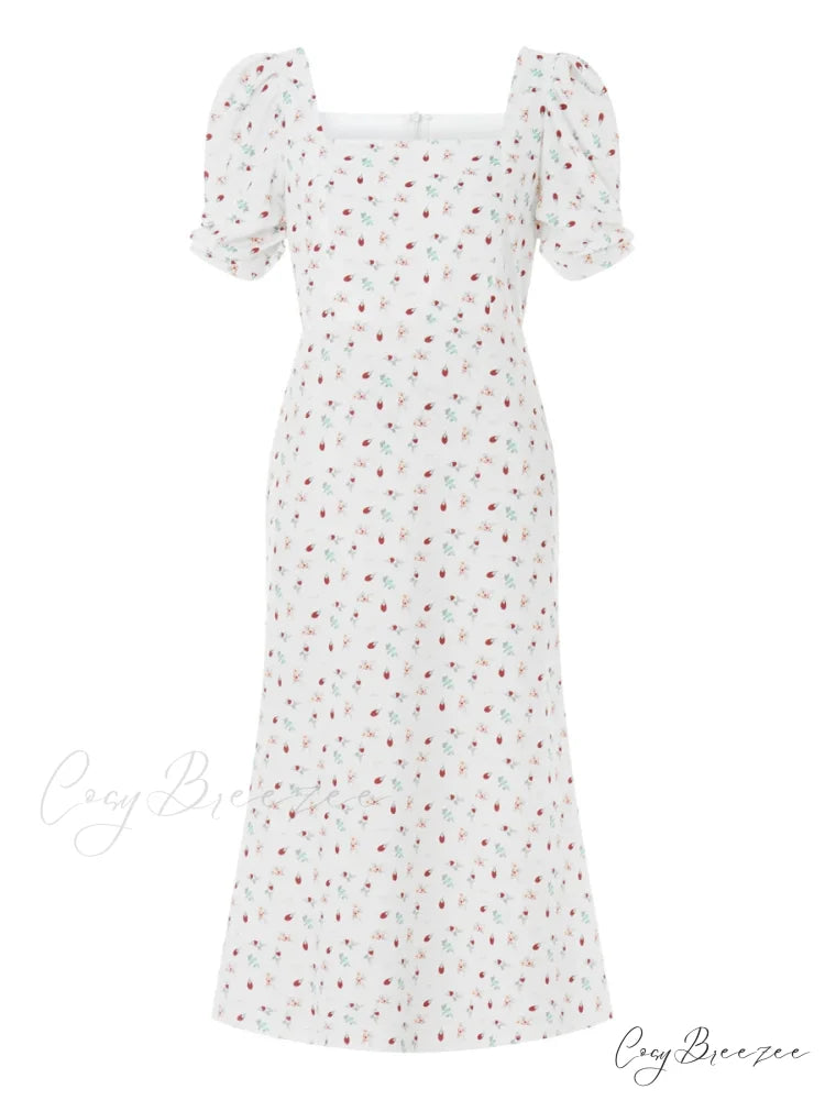 Summery Floral Midi Puffy Sleeve A-line Dress WHITE / S floraldress-250126