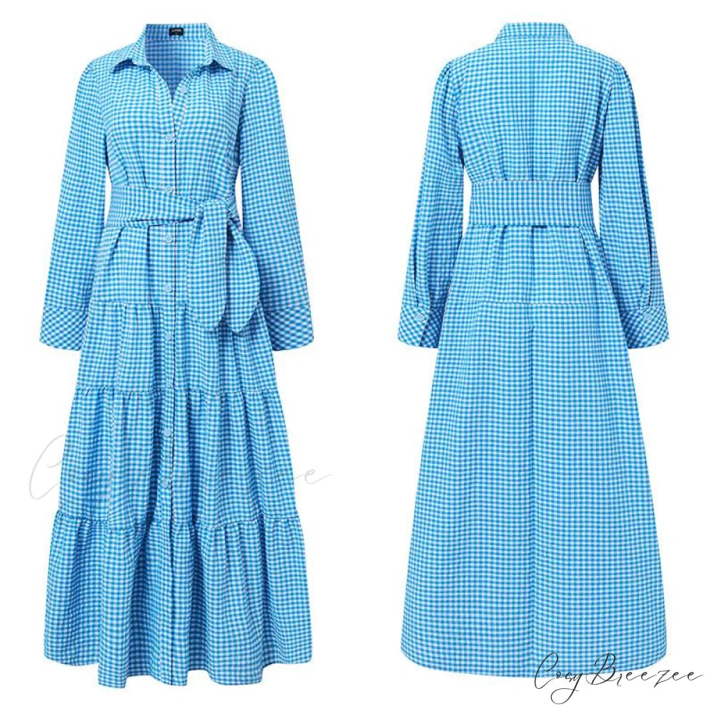 Sundress Plaid Blouse Women Vintage Spring Casual Pockets Patterned Belted Lapel Party Gown Button Dresses Arm Long